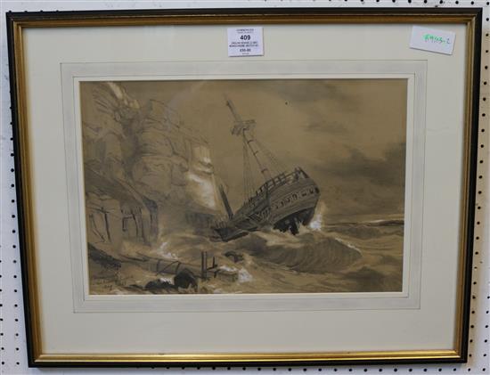 English School c.1867, monochrome sketch of a shipwrek on the coast of Sussex